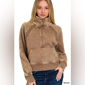 Brown Acid Mineral Wash half zip ribbed hoodie pullover sweatshirt top shirt